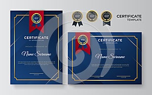 Modern elegant blue and gold certificate of achievement border template with luxury badge and modern line pattern. For diploma