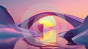 A modern and elegant bridge ting through a tranquil landscape as the sun sets with a vibrant mix of purple pink and