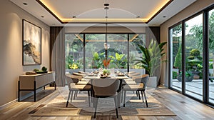 Modern and elegant dining room interior design with garden view