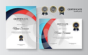 Modern elegant diploma certificate template. Clean modern certificate with gold badge. Certificate border template with luxury and