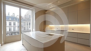 Modern, elegant kitchen with city views