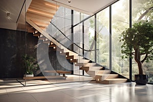 Modern, elegant L shape wood cantilever stair with black granite base staircase. AI generated