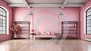 Modern, elegant living room with bright pink sofa and clean parquet flooring generated by AI