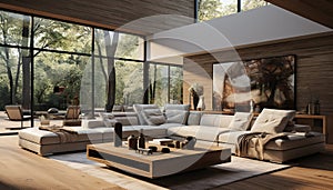 Modern, elegant living room with comfortable sofa, bright electric lamp generated by AI