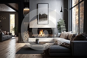 Dark living room loft with fireplace, industrial style, in a beautiful house. generative ai