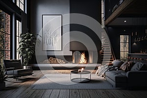 Modern Elegant living room with fireplace, industrial style, in a beautiful house, Generative AI