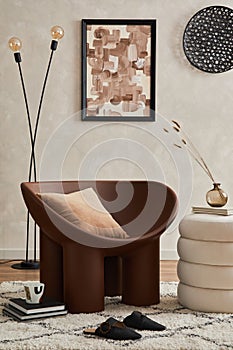 Modern elegant living room interior design with creative armchair, mock up poster frame, lamp, pouf and stylish personal.