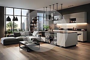 A modern, elegant living room and kitchen space with a panoramic view of the cityscape