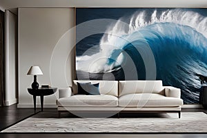 A modern, elegant living room with a large ocean wave wall art
