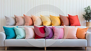 Modern, elegant living room with vibrant, multi colored cushions on comfortable sofa generated by AI