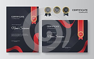 Modern elegant luxury red and black diploma certificate template. Certificate of achievement template with gold badge, border, and