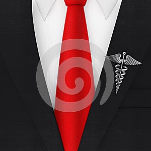 Modern Elegant Man Suit with Red Necktie and Silver Medical Caduceus Symbol. 3d Rendering
