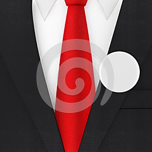Modern Elegant Man Suit with Red Necktie and White Blank Vote Badge. 3d Rendering