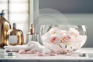 Modern elegant white bathroom interior with bath accessories, towels and tender roses