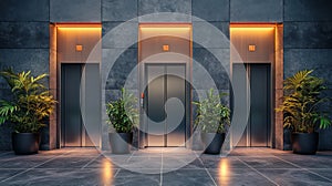 Modern Elevator Bank with Warm Lighting and Plants
