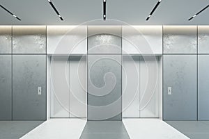 Modern elevator with closed doors in office lobby, 3d render