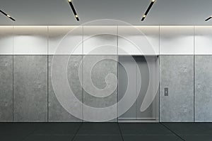 Modern elevator with closed doors in office lobby, 3d render