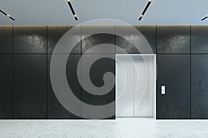 Modern elevator with closed doors in office lobby, 3d rendering
