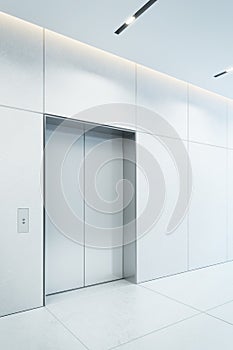 Modern elevator with closed doors in office lobby, 3d