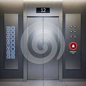 Modern elevator with control panel and emergency button isolated on white background