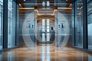 Modern Elevator Interior With Open Doors in a Contemporary Office Building Lobby