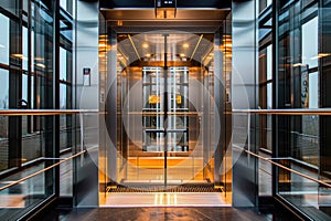 Modern Elevator Interior With Open Doors in a Contemporary Office Building Lobby