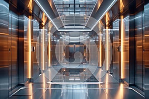 Modern Elevator Interior With Open Doors in a Contemporary Office Building Lobby