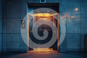 Modern elevator doors opening in empty building at night