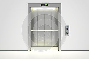 Modern elevator with opened doors, 3D rendering