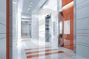 Modern elevators doors opening in office building corridor
