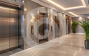 Modern elevators in newly built hotel with fresh renovation
