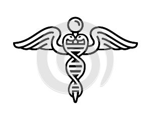 Modern emblem of genetic engineering as part of medicine With nucleic acid double helix and caduceus, snakes and wings Icon of DNA