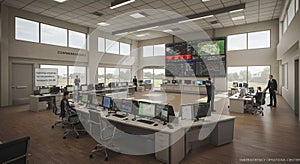 Modern emergency operations center with large windows and high ceilings. Multiple