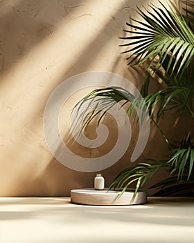 Modern empty brown concrete counter table top green palm tree in sunlight leaf shadow on stucco texture wall for luxury organic