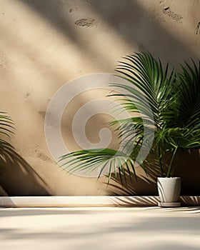 Modern empty brown concrete counter table top green palm tree in sunlight leaf shadow on stucco texture wall for luxury organic
