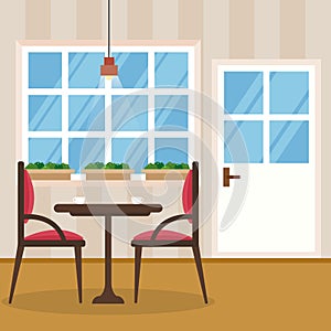 Modern Empty Cafe Restaurant Interior Furniture Flat Vector Illustration