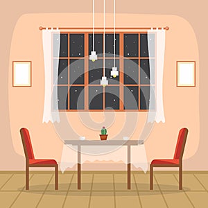 Modern Empty Cafe Restaurant Interior Furniture Flat Vector Illustration
