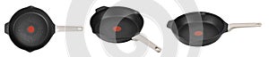 Modern empty cast frying pan with ceramic non-stick coating isolated on white background. Ð¡ookware kitchen tool