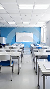 Modern empty classroom interior with white desks, blue chairs, and a projector screen