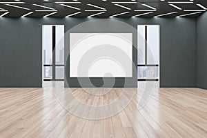 Modern empty concrete exhibition hall interior with wooden flooring, blank white poster, windows and city view, many doors and