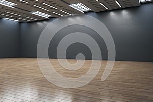 Modern empty dark black wall gallery interior with mock up place and reflections on wooden parquet flooring. Art, no people,