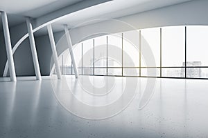 Modern empty exhibition hall with white columns on glossy floor and sunny city view from transparent wall. 3D rendering, mockup