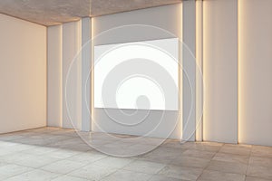 Modern empty gallery room interior with white mock up billboard on illuminated light wall.