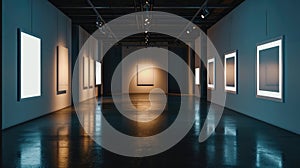 Modern empty gallery room interior with white mock up frame on illuminated dark wall