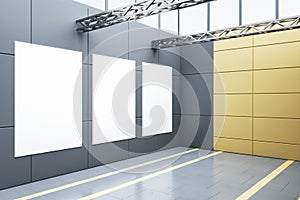 Modern empty  garage interior with blank white mock up posters. Warehouse concept. 3D Rendering