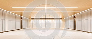 Modern Empty Hallway with Elevators and Wood Ceiling