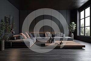 Modern empty living room and furniture decoration mock up design and black wall background texture. Generative AI