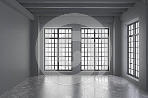 Modern empty loft room with grey walls, concrete floor and big