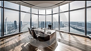 modern empty office interior. Contemporary concrete office interior with city view