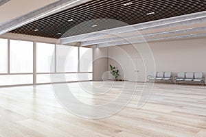 Modern empty office interior with large windows, wooden floor, and seating area, bright daylight, concept of corporate space. 3D